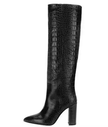 Bottes de chevalier à imprimé Crocodile pour femme, chaussures à talons carrés Python, bout pointu, hautes, jaunes, rouges et noires, nouvelle collection hiver
