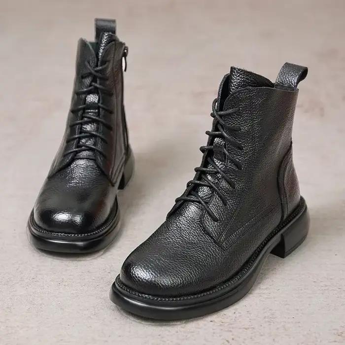 Printemps dame bottines véritable cuir de vache plate-forme chaussures pour femmes hiver jeunes filles semelle souple talon épais chevalier bottes de neige