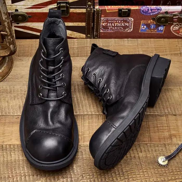 Bottes en cuir véritable pour homme automne 2026 – Style rétro britannique, fabrication artisanale de luxe, bout rond, chaussures Oxford à la cheville pour homme