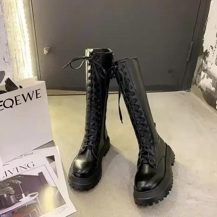 Femmes moto bottes compensées chaussures plates femme talon haut plate-forme en cuir PU