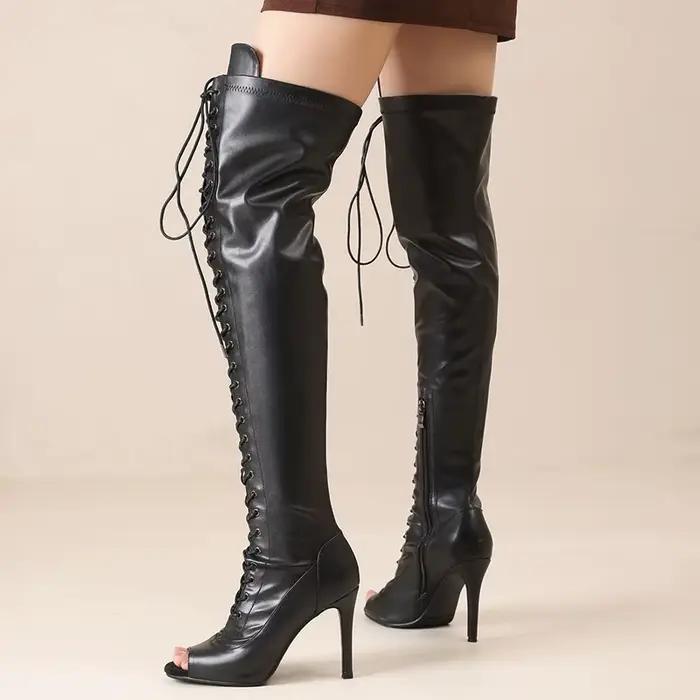 Bottes Hautes à Lacets pour Femme, Talons Souples, Châssis Stiletchassis, Jazz, brevLatine, Sexy, Extérieur