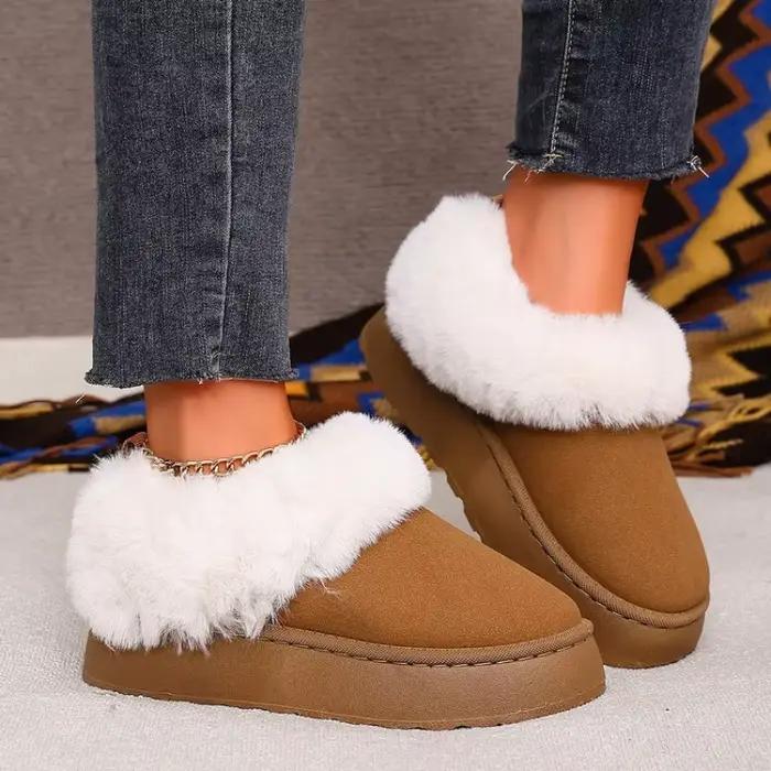 Bottines pour femmes à plateforme, talon plat, à enfiler, finition lisse, garniture en fausse fourrure, chaussures décontractées d'hiver, confortables et chaudes