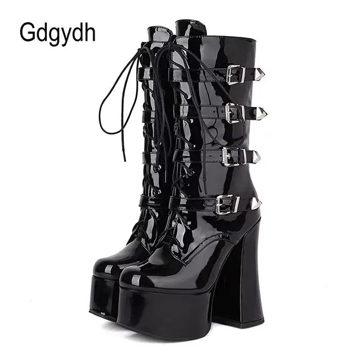 Gdgydh bottes longues noires à lacets avec boucle et talon épais