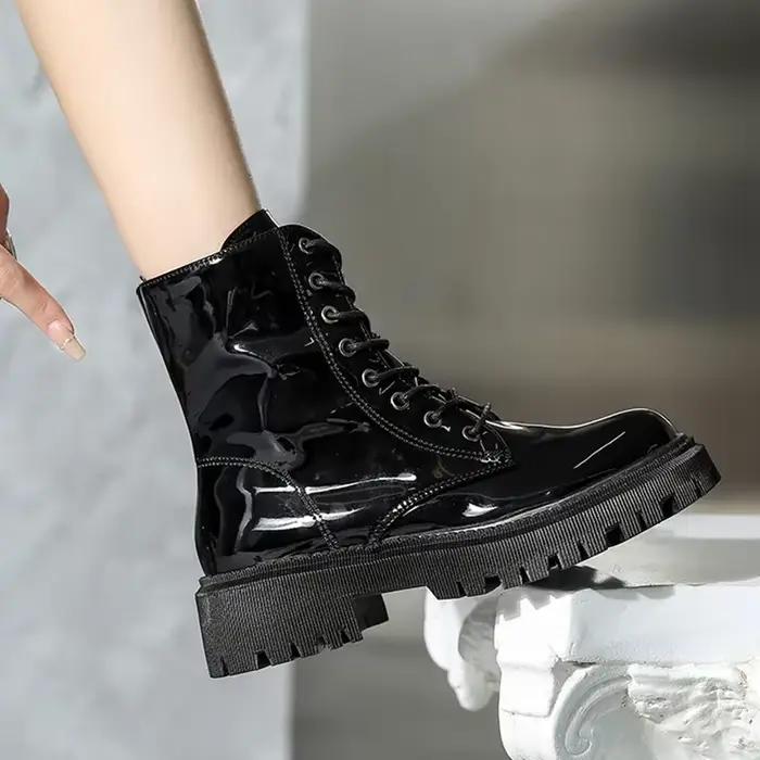 Bottines roses à lacets pour femme, bottines de moto à plateforme en cuir verni, talons épais, fermeture éclair, courtes occasions spéciales