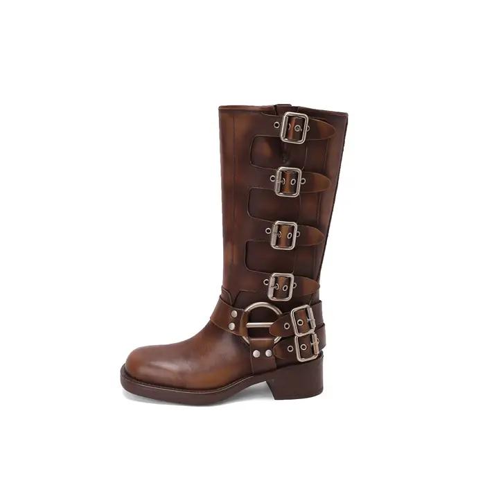 Bottes pour femmes en cuir véritable, hauteur genou, plateforme, tendance punk gothique, nouveau rock, chaussures de mode en cuir pour femmes, chaussures de moto.