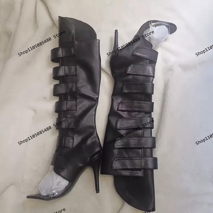 Bottes à talons aiguilles noires à bout ouvert style britannique pour femme, idéales pour la danse et les soirées estivales 2026
