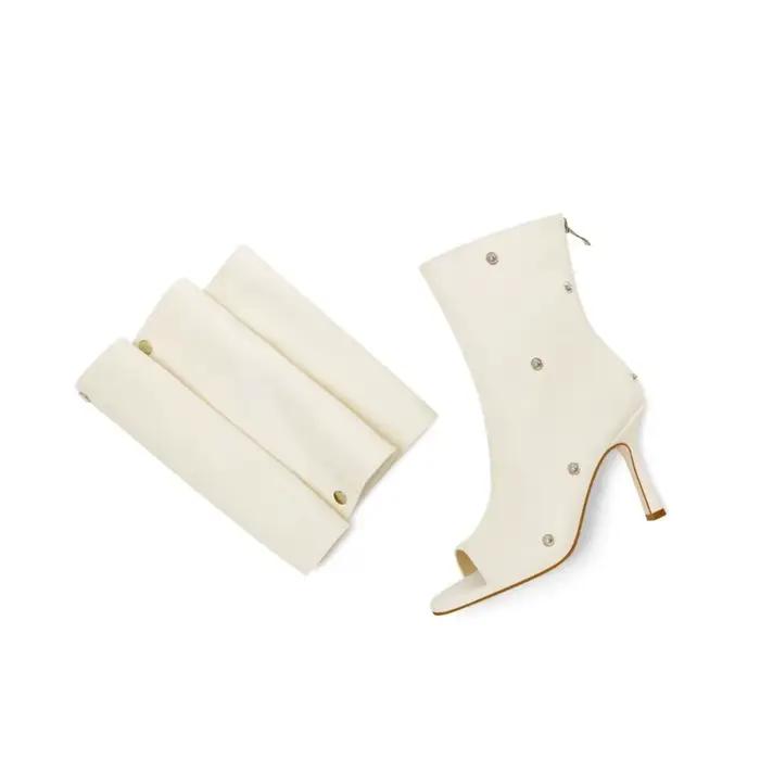 Bottes mi-mollet plissées à talon haut pour femme 2026 avec fermeture éclair arrière et tissu à carreaux style européen