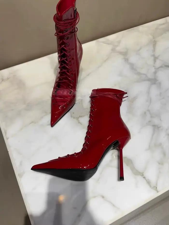 Bottines élégantes en cuir verni rouge bout pointu talons fins bottes mi-mollet pour femmes style moderne printemps automne occasions spéciales