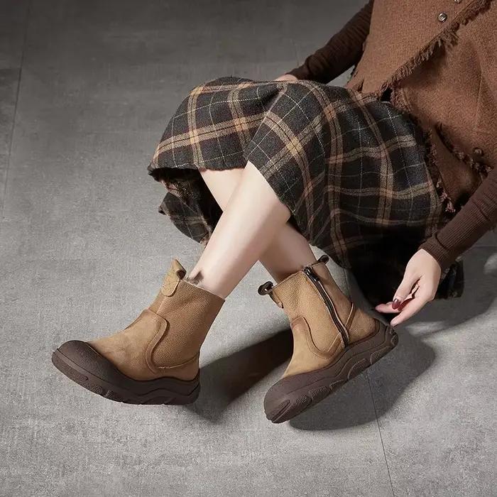 Careaymade-bottes en cuir véritable à bout plus large pour femme, chaussures de neige d'hiver à plateforme en fourrure, bottines à enfiler, chaussures chaudes en peluche pour femme