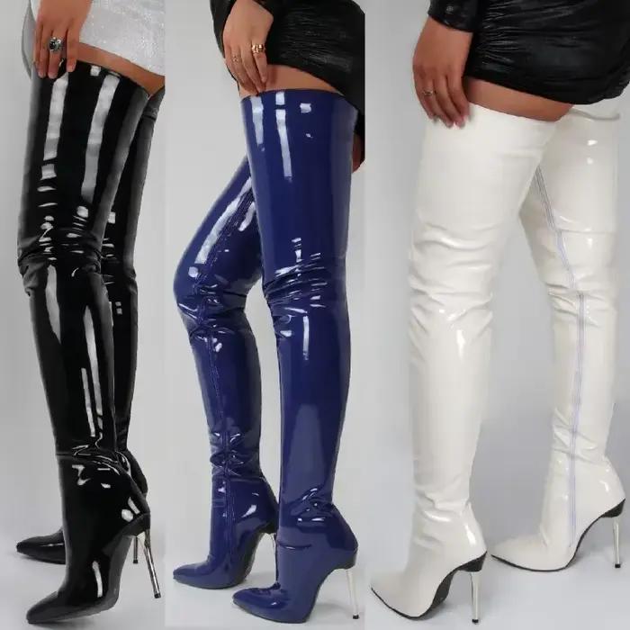 Cuissardes en cuir verni pour femmes, bottes à talons hauts pour dames, talons aiguilles sexy, grande taille, nouveau