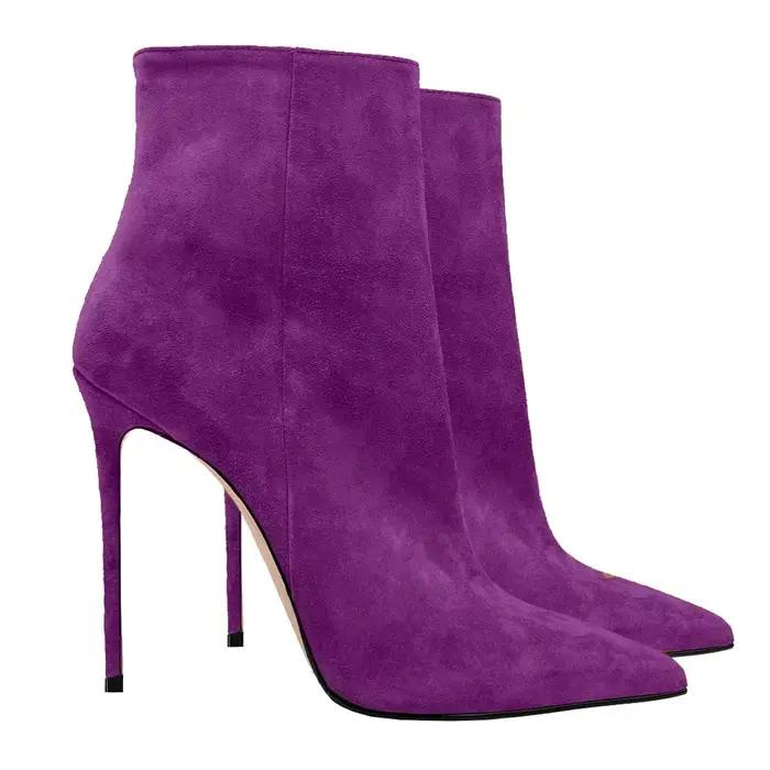 Bottes élégantes à talons fins faites-main en velours pour femmes occasions spéciales bottes modernes mi-mollet pointu fermeture éclair