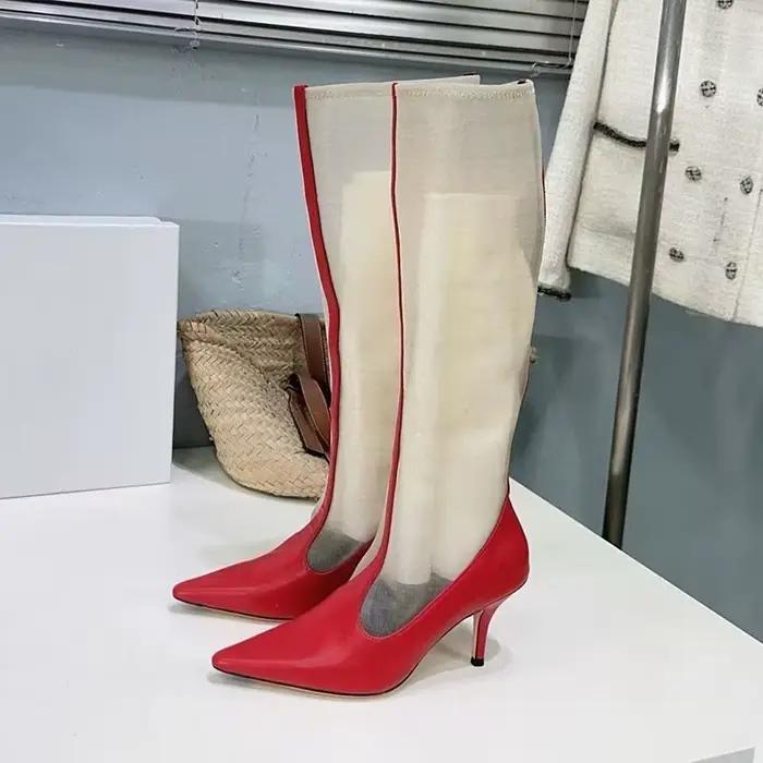 Femmes talons hauts fins genou bottes bout pointu en cuir véritable gaze Patchwork bottes longues piste printemps automne bottes modernes