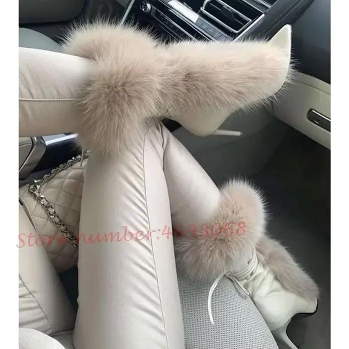 Bottines pointues en peluche pour femmes, chaussures courtes à lacets en fourrure blanche, talon aiguille haut, chaussures de luxe à enfiler, à la mode, nouvelle collection
