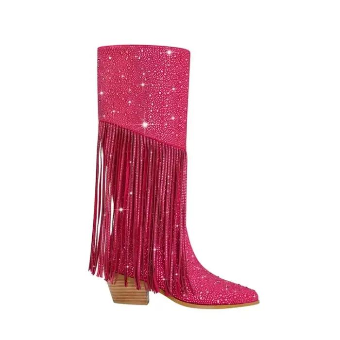 Bottes en biscuits longueur genou pour femmes, glands pointus à fermeture éclair, bottes brillantes, européennes et américaines, neuves, 35-43, 2024