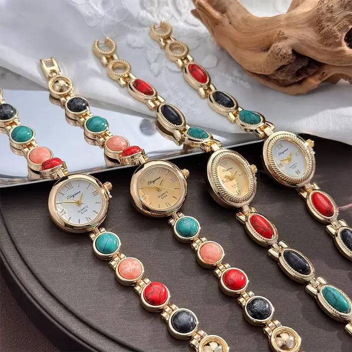 Montre-Bracelet Turquoise colorée pour femmes, nouvelle montre à Quartz de luxe populaire, Vintage, pierre intégrée, élégance