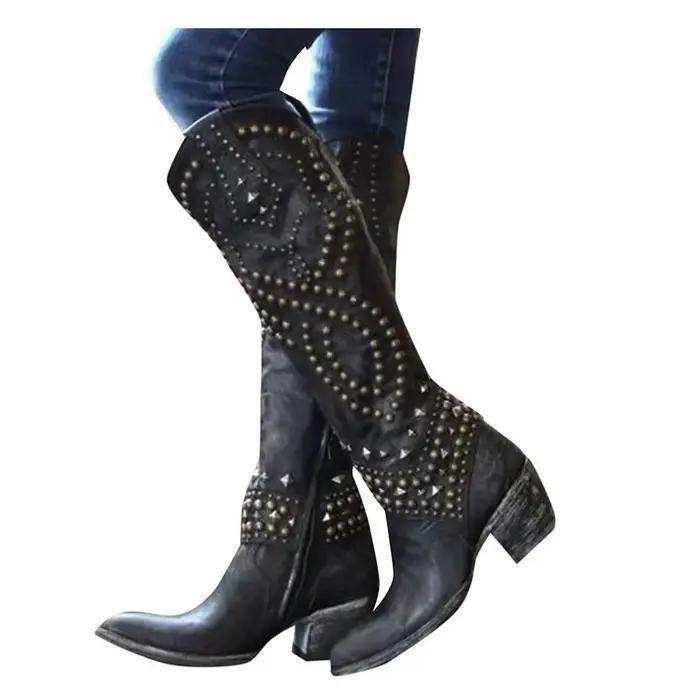 Bottes à tube long pour femmes d'automne et d'hiver avec rivets au talon moyen