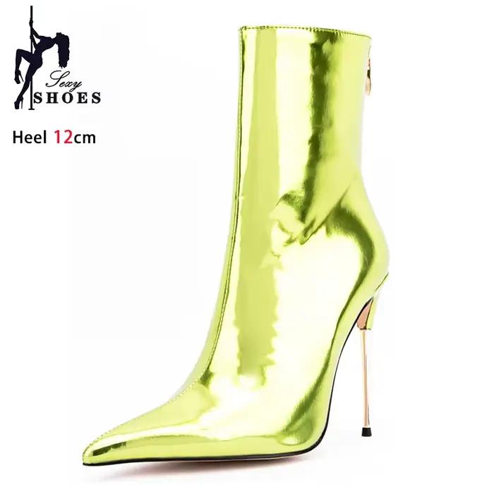 Bottines Stiletto en cuir brillant pour femmes, chaussures de scène, fermeture éclair arrière, bout pointu, talons hauts, bottes courtes, grande taille 44 45 46, 12CM