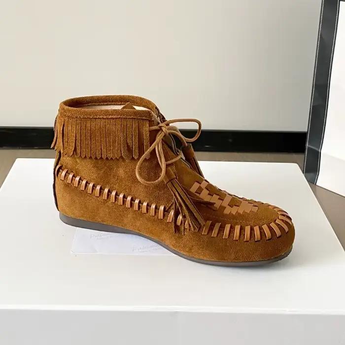Bottines rétro en daim à lacets et pampilles pour femme, bottes courtes marron à bout rond, plates, antidérapantes, confortables, décontractées, tissées en Nubuck