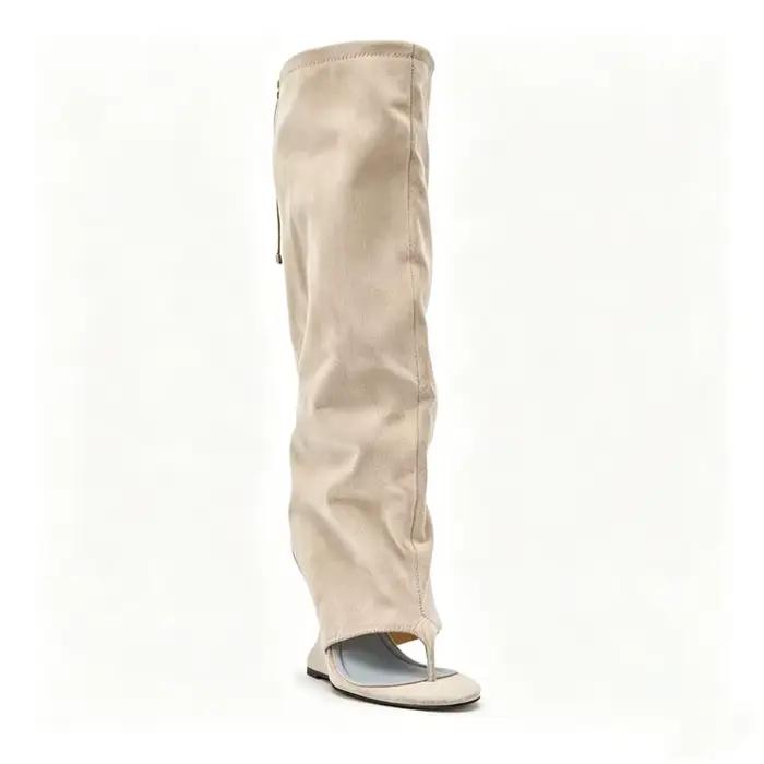 Bottes longues en faux daim pour femmes, style sandale à talon compensé creux, pour soirées et clubs