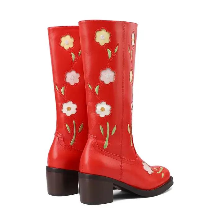 2025 automne hiver femmes mi-mollet bottes en cuir PU bout rond talon carré sans lacet mode fleurs dames mollet bottes noir blanc