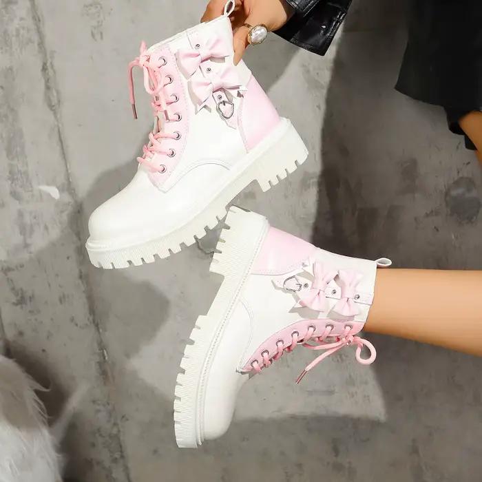 Bottines à lacets pour femme, rose bonbon, avec nœud, multicolores, à semelle épaisse, style Candy Punk, avec décoration métallique, collection automne 2026, taille 42