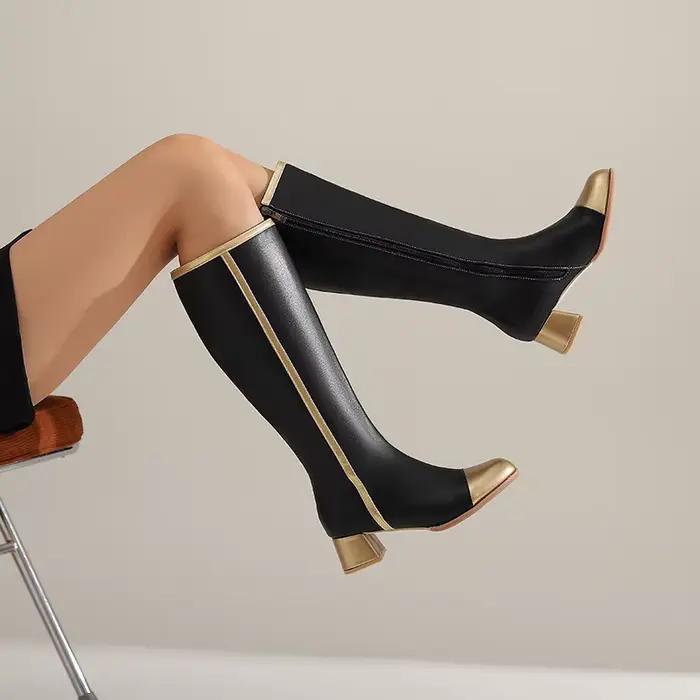 Bottes longues pour femmes pour l'automne et l'hiver, talons hauts, longueur mi-mollet, noir et blanc, bout rond, talon épais, bottes d'équitation amincissantes, élégantes, grande taille 52, vente en 