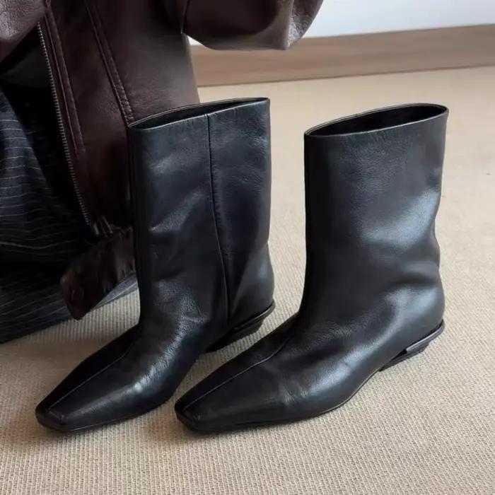 Bottines pour femmes en cuir véritable noir, bout carré pointu, talon bloc bas, bottes vintage à enfiler mi-mollet, chaussures pour tous les jours et les soirées.