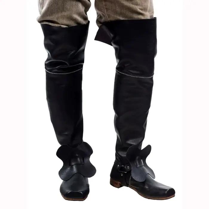 Bottes de pirate pour hommes avec sangle à pétale, polyester robuste, bout carré et talon bas pour cosplay médiéval et Renaissance