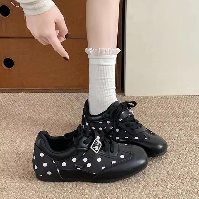 Chaussures vulcanisées à talon plat à pois de style coréen pour femmes, baskets, chaussures de sport