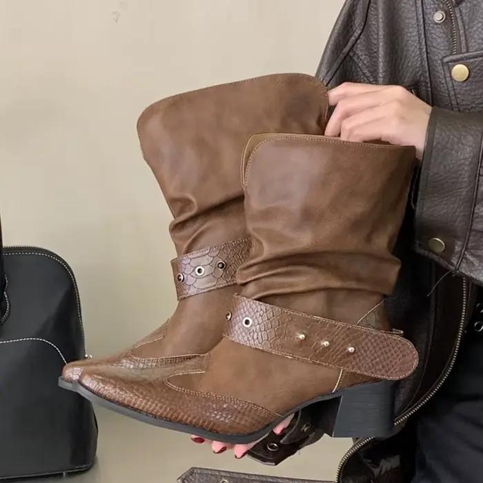 Eilyken – bottines style Punk à rivets et motif serpent pour femme, chaussures à la mode avec sangle à boucle, bout pointu, talons carrés, Zapatos Mujer