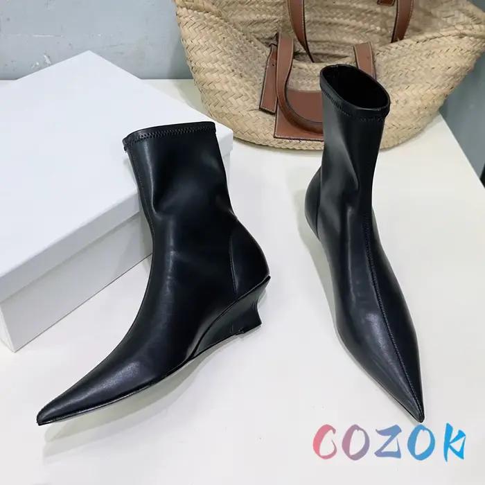 Bottines sexy en cuir rose nude à bout pointu, talon compensé, élastiques, fines, pour femmes, chaussures habillées en cuir véritable de haute qualité, bottines à la cheville pour toutes les saisons