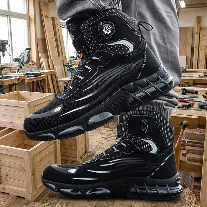 Chaussures de sécurité industrielles pour hommes, haute tige, anti-perforation, anti-écrasement, embout en acier, avec boucle rotative, pour travaux miniers, chaussures de sécurité
