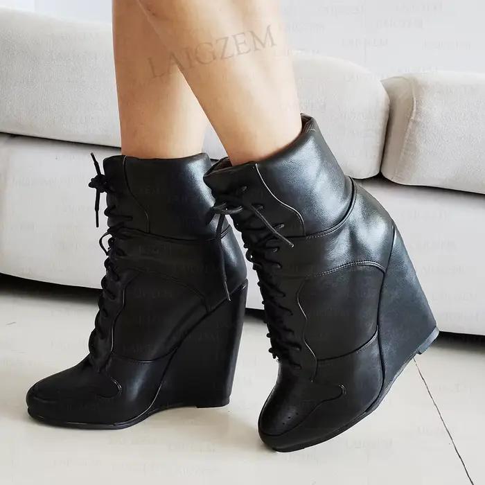 LAIGZEM femmes bottines compensées à lacets bout rond Faux cuir chaussons courts à la main dames chaussures femme grande taille 41 46 48 52