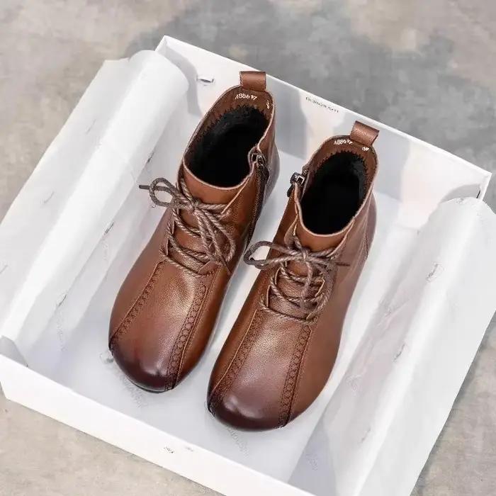 Bottines Courtes Rétro en Caoutchouc pour Femmes, Doublées en Polaire, Talon Carré, À Lacets Croisés, Style Vintage, Occasions Spéciales