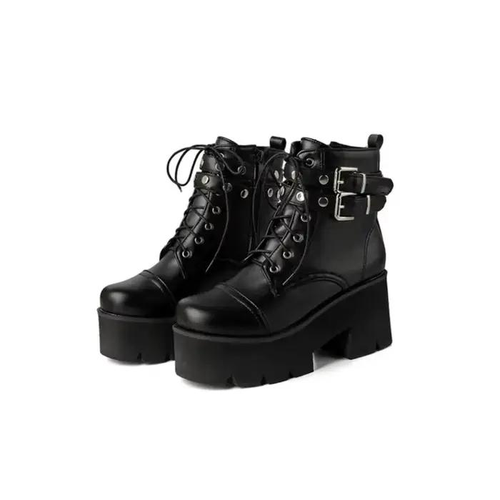 Bottes plate-forme femme en cuir solide style punk goth bout rond talon carré hauteur moyenne pour hiver et soirées spéciales