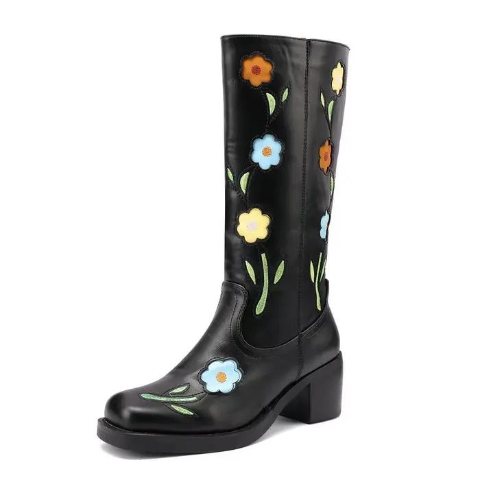 2025 automne hiver femmes mi-mollet bottes en cuir PU bout rond talon carré sans lacet mode fleurs dames mollet bottes noir blanc
