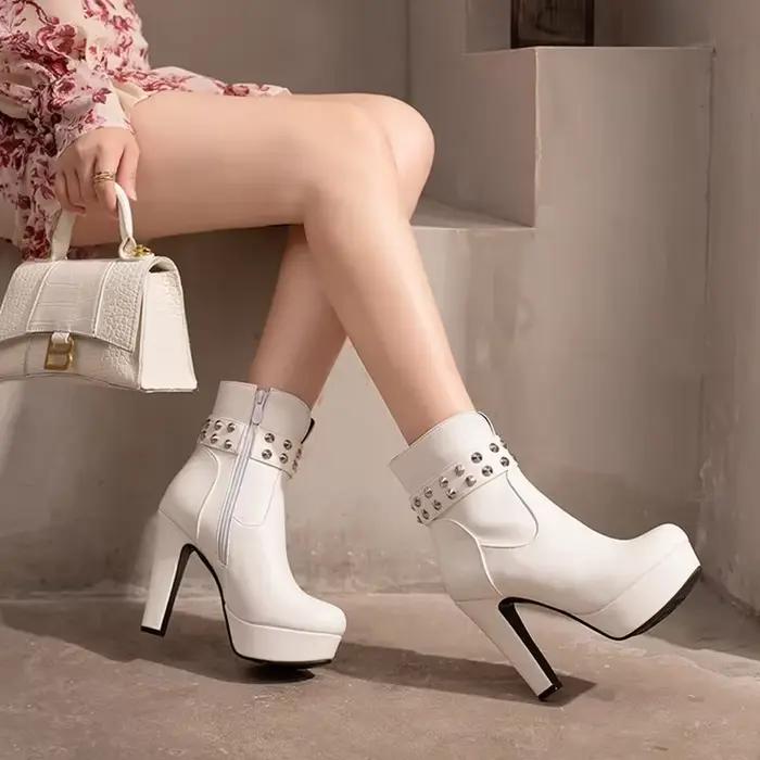 Bottines à talons hauts pour femmes, mode, fermeture éclair intérieure, jaune, noir, automne, hiver, fête, plateforme courte, grande taille 44 49 50 33-64
