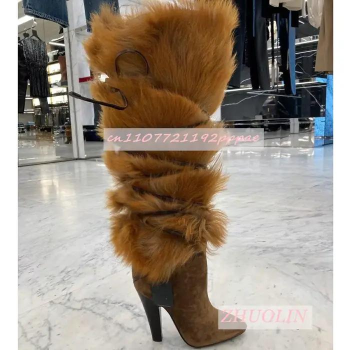 Vintage marron flou genou-bottes dames hiver bout pointu bottes en daim à talons hauts défilé côté fermeture éclair à