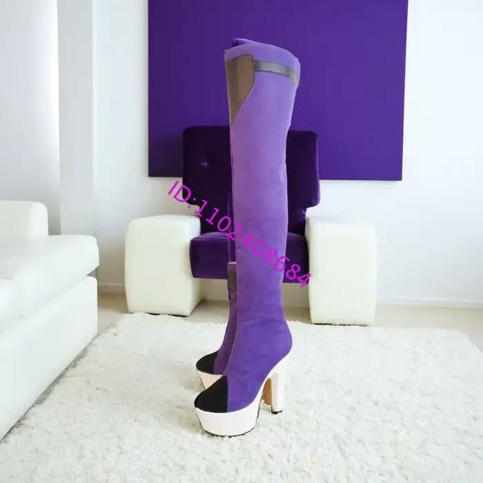Bottes à talon épais asymétriques violettes à plateforme haute
