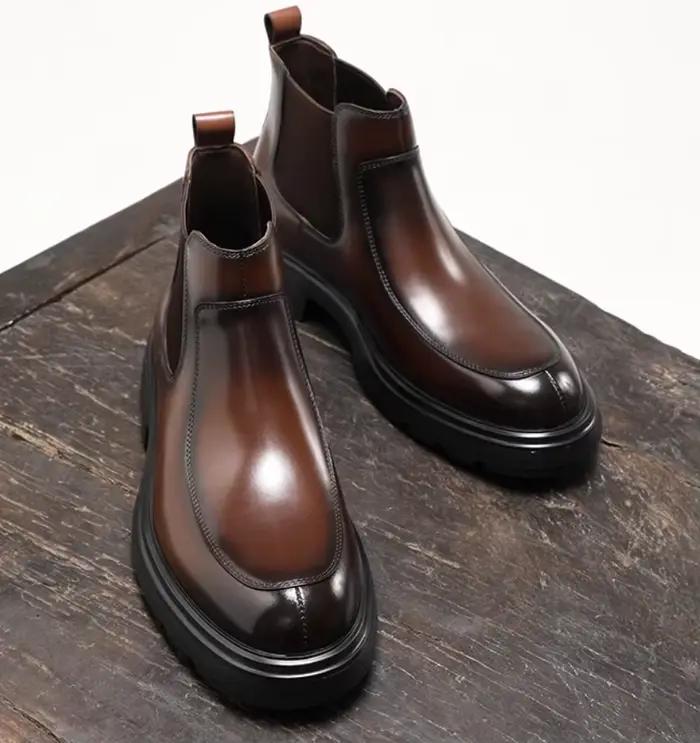 Bottes Chelsea en cuir véritable pour homme, bout rond, semelle épaisse, style concis, printemps automne, ajustement parfait, confortable et élégant