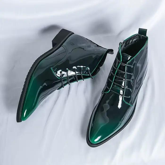 Bottes en cuir brillant pour hommes, haute cheville, bout rond, talons plats, violet, rouge, vert, pour occasions formelles et événements spéciaux