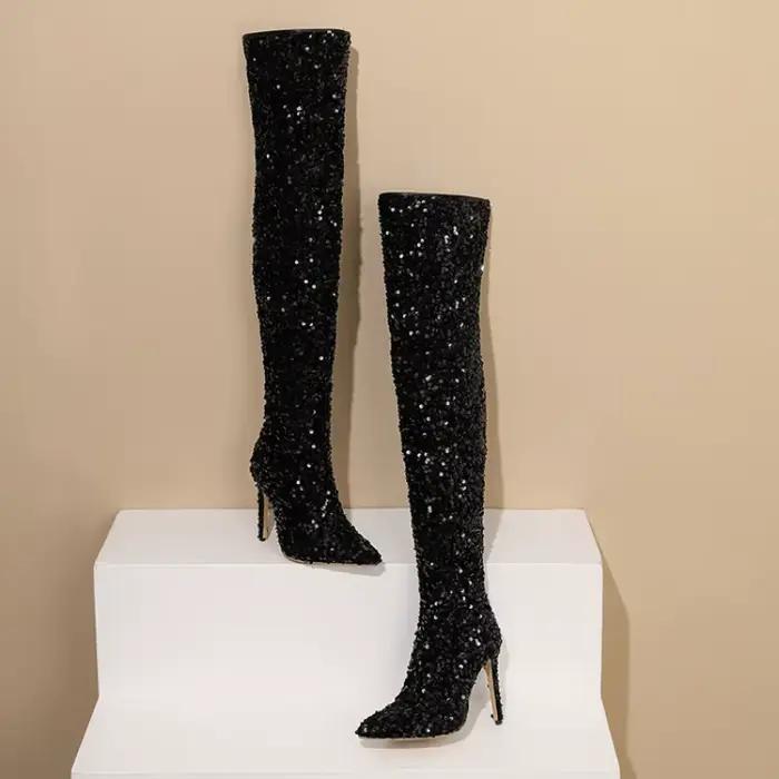 Bottes paillettées dorées et bleues sexy à talons hauts pour femmes, bottes de soirée brillantes au-dessus du genou
