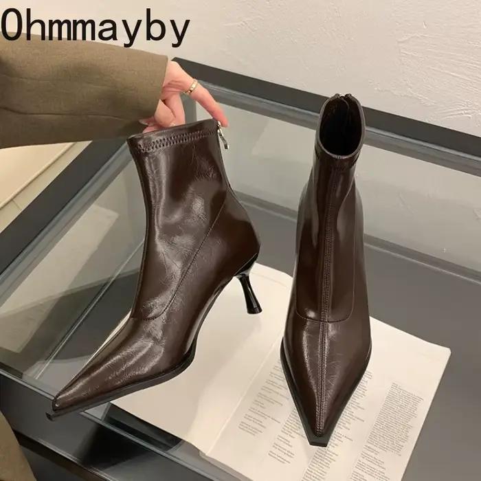 Bottines à talons hauts pour femmes, mode automne-hiver, sexy, à bout pointu, chaussures de soirée, élégantes, fines, modernes, bottes courtes