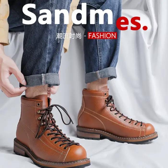 Bottes en cuir véritable pour hommes, chaussures de travail Vintage montantes pour hommes, bottes en cuir de Style britannique, chaussures à plateforme de printemps pour hommes