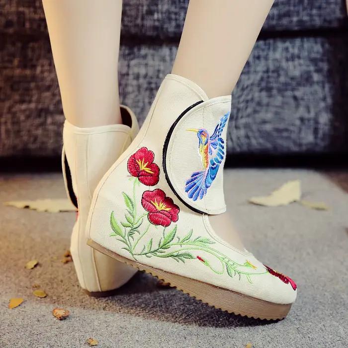 Veowalk cheville Wrap femmes bottes décontractées colibri chinois Noble Mary Janes à l'intérieur augmenté broderie pompes chaussures en tissu