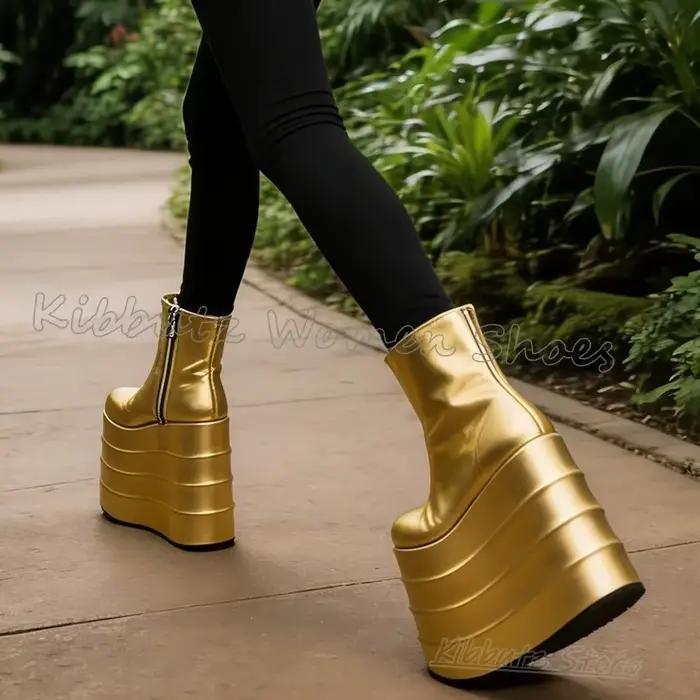 Bottines à plateforme fantaisie en cuir avec fermeture éclair latérale pour femme, chaussures rehaussantes à talon très haut, couleur unie, bout rond, mode et luxe