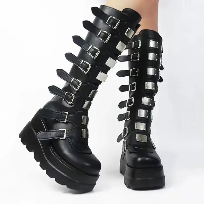 Bottes longues pour femmes chaussures gothiques plate-forme genou bottes hautes Punk noir Sexy motos bottes nouveau Halloween Cosplay femmes chaussures