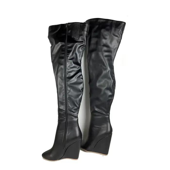 Bottes noires au-dessus du genou pour femmes, bottes hautes à talon compensé avec fermeture éclair intégrale, bottes longues d'hiver