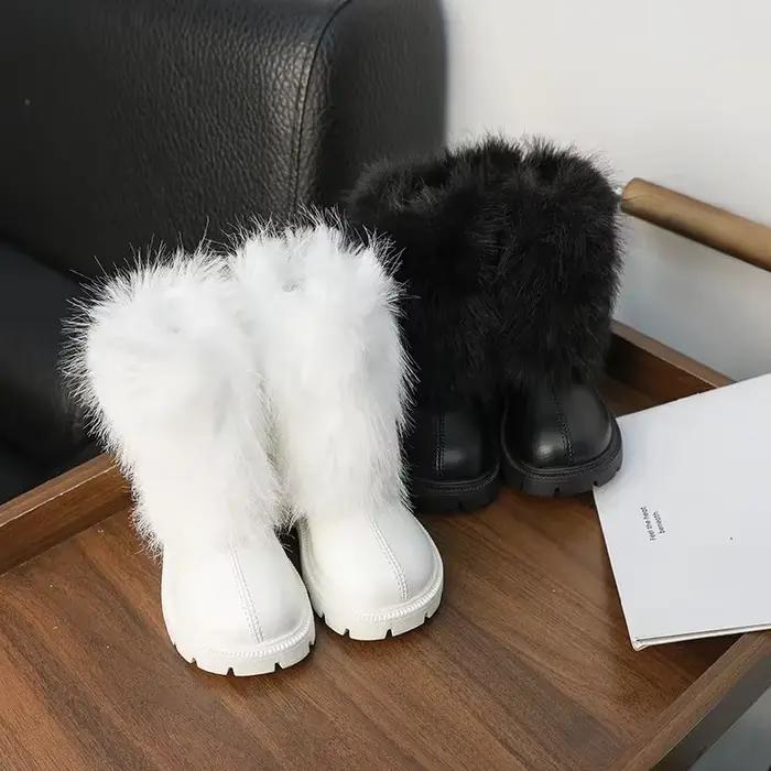 Bottes de neige chaudes en fourrure douce pour filles, bottes d'hiver pour enfants, noir, blanc, bottes polyvalentes pour enfants, mode décontractée, bottes longues en peluche avec fermeture éclair