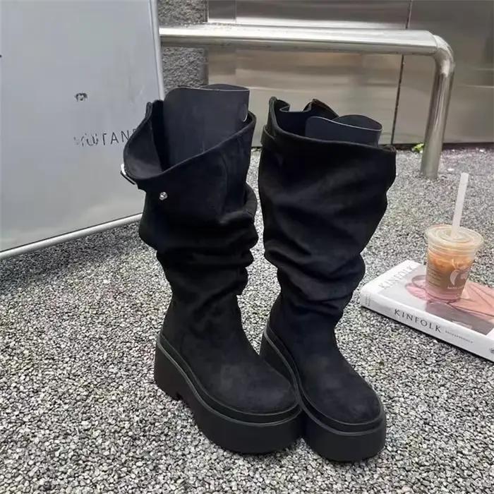 Femmes mode talons épais genou bottes hautes kaki troupeau sans lacet